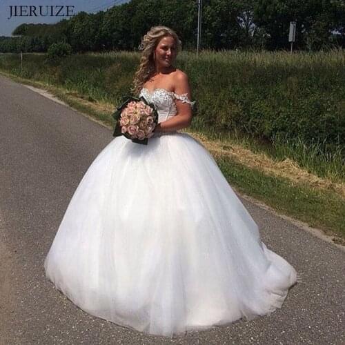 JIERUIZE White Lace Appliques Ball Gown Wedding Dresses 2019 Sweetheart Off The Shoulder Cheap Wedding Gowns Bride Dresses