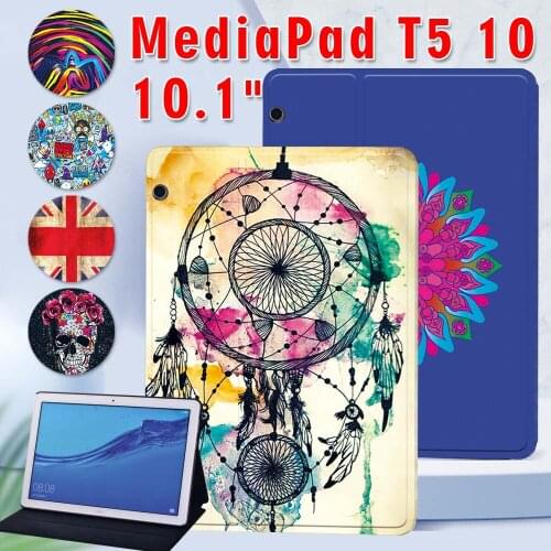 For Huawei MediaPad T5 10 10.1 Inch AGS2-W09/W19/L03/L09 Print Pattern PU Leather Tablet Folio Stand Cover + Free Stylus