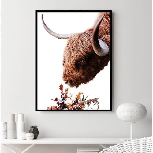 Highland Cow Eat Floral Flower Prints and Poster Animal Cattle Wall Art Canvas Painting for Living Room Home Decor Pictures