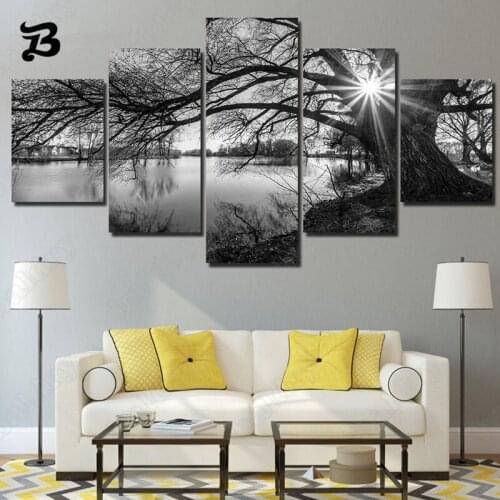 Canvas Painting 5 Pieces Black and White Landscape Painting Tree River Canvas Poster Print Wall Pictures for Home Wall Art Decor
