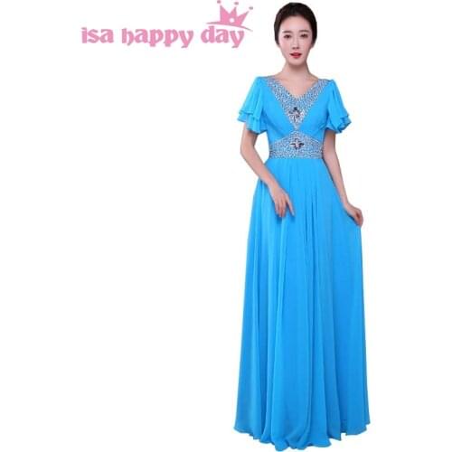Beautiful and sexy blue womens size 6 gown chiffon bridesmaid long formal party guest women elegant dress v neck dresses H4160