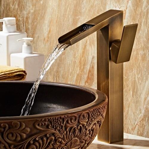 Bathroom Basin Faucet Brass Sink Mixer Tap Hot & Cold Lavatory Crane Deck Mounted Single Handle Waterfall Faucet Black/Antique