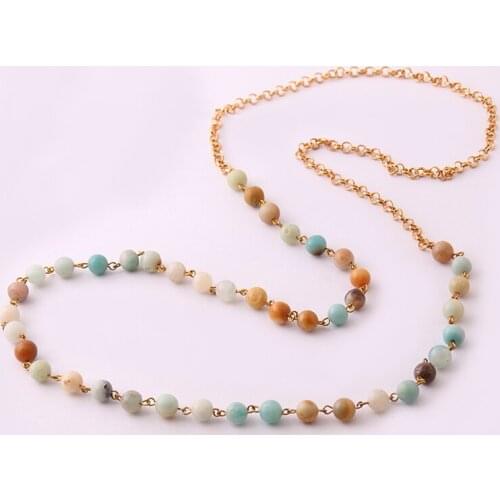 Fashion Amazonite Stones Rosary Chain Circle Metal Tassel Pendant Mala Necklace Handmade Women Jewelry