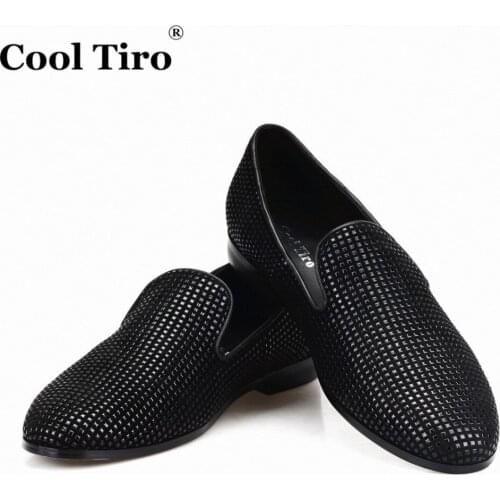 COOL TIRO Black Strass Suede Men Loafers Smoking Slippers Mens Moccasins Flats Wedding Dress Shoes Casual Genuine Leather