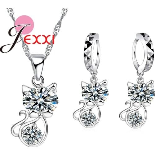 925 Sterling Silver Cubic Zirconia Wedding Jewelry Sets AAA CZ Crystal Cute Animal Cat Necklace Earrings Women Collar