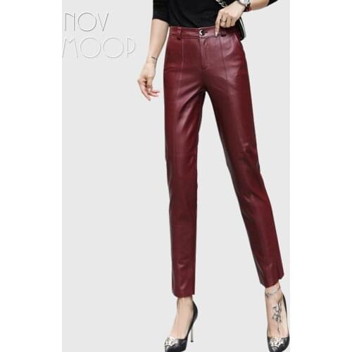 Novmoop genuine leather sheepskin women ankle length pants formal elegant lady style Pantalon raccourci en cuir LT3358