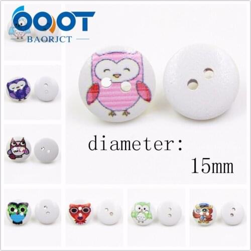 OOOT BAORJCT 181201 100 pcs owl Multicolor optional 2 Holes Wood Sewing Buttons 15 mm clothing buttons DIY materials