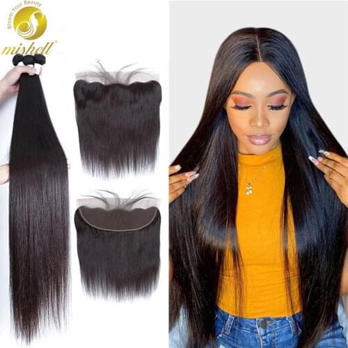 Mishell 30 32 34 40 Inch Straight Malaysian Hair Weave Bundles With Frontal Human Hair Bundles With Closure Remy Hair Extension