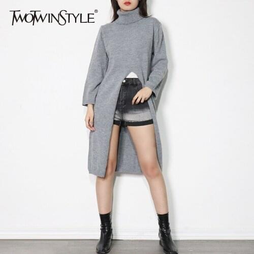 TWOTWINSTYLE Side Split Knitted Pullovers Female Turtleneck Long Sleeve Casual Minimalist Solid Sweater Female Fashion New Fall