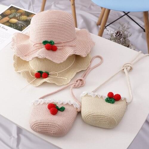 Summer Sunhat Girs Hat Cap Breathable Straw Hats Cherry Sweet Princess Hat+Cute Lace Bag Kids Seaside Beach Sunhats Set S9240