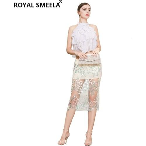 Sexy costumes Womens top and skirt 2pcs set sexy top split sequins skirt night club wear party dress halter top skirt outfit