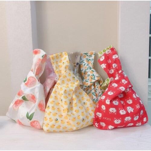 Women Small Flower Print Foldable Knot Hand Bag Eco Grocery Tote Female Portable Pouch Key Phone Coin Walking Purse