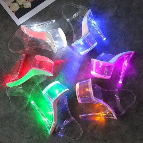 17CM High heeled shoes Luminescence Round heels Thick platform Shallow Open Toe Sandals 7 inches Nightclub Fashion novelty Style