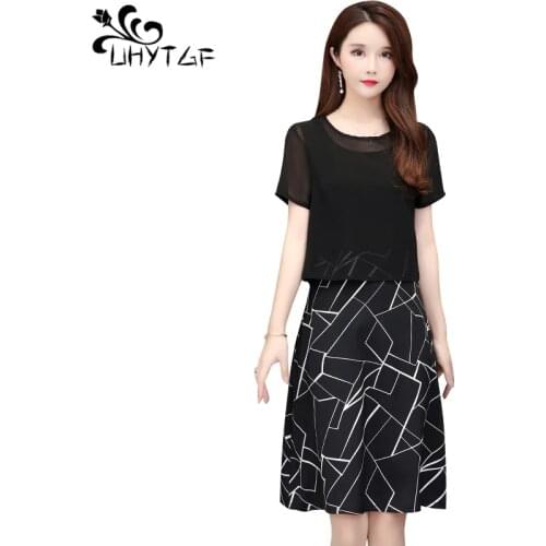 UHYTGF Summer dress womens fashion O neck pullover beach chiffon dress black short sleeve elegant female dress 5XL plus size 779