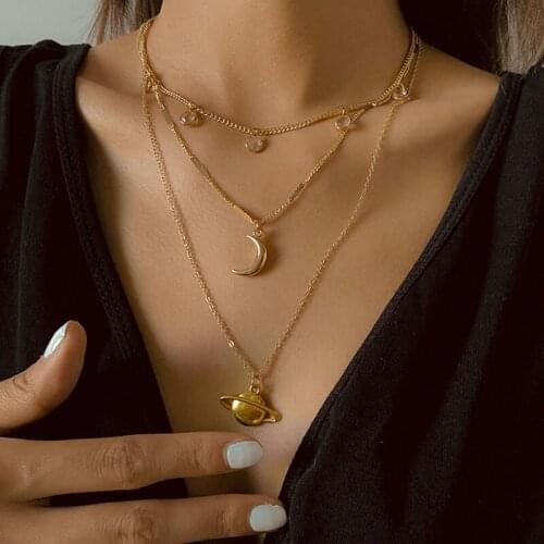 Vintage Multilayer Universe Star Moon Pendant Necklace for Women Crystal Beads Geometric Clavicle Necklace Colar Jewelry Gift