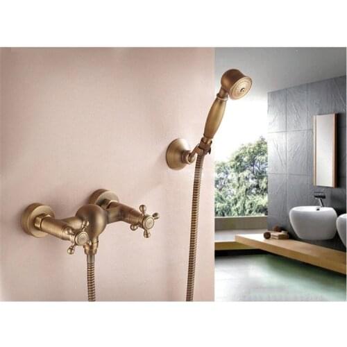 Bathroom Vintage Shower Wall Surface Mount Brass Rainfall Bathtub Shower Faucet Set Antique Brass with Handshower + Tub Spout