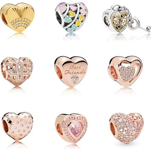 High Quality Fashion 925 Silver Heraldic Heart Charm, Friendship , Color, Key, Pink DIY Original Womens Jewelry Gift