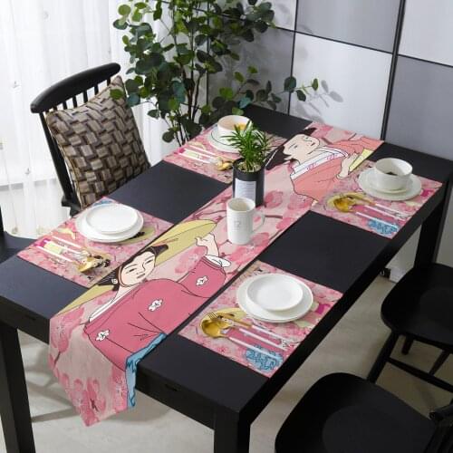 Japanese Kimono Girl Cherry Blossoms Table Runner Table Mats Cover For Home Wedding Banquet Festival Party Hotel Decoration