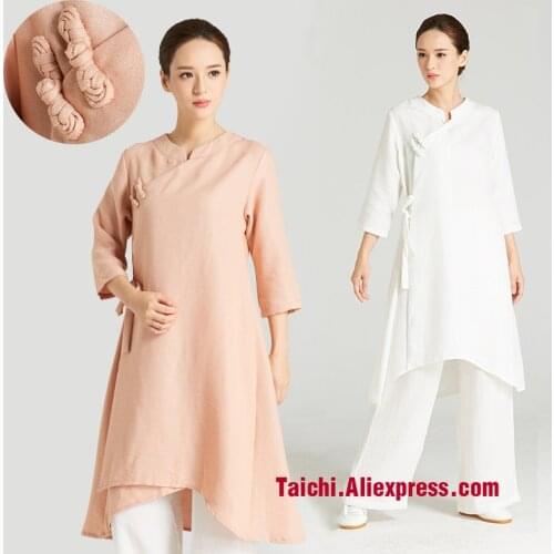 Women Handmade Linen Tai Chi Uniform Surplice Kung Fu Robe martial Art Suit Chinese Stlye Handmade Button top pants