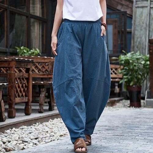 Johnature Cotton Linen Pants For Women Vintage Trouser Elastic Waist 2021 Spring New Pockets Patchwork Women Casual Harem Pants