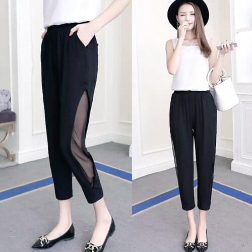2020 Summer Black Chiffon pants Women Harem Pants High Waist Lace cutout Pencil Ankel-Length Pants Women Casual pants Breathable