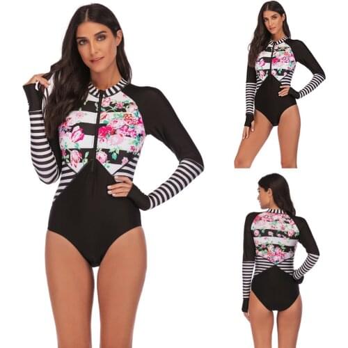 Women One Piece Rash Guard Long Sleeves Swimsuit Floral Swimwear Zipper Front Surfing Diving Suit Bathing Swimming Suit S~5XL