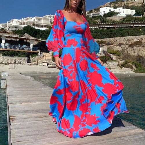 2021 Autumn Women Square Collar Beach Dress Elegant Vintage Lantern Sleeve Long Dress Ladies Female Print Party Slim Dress Mujer