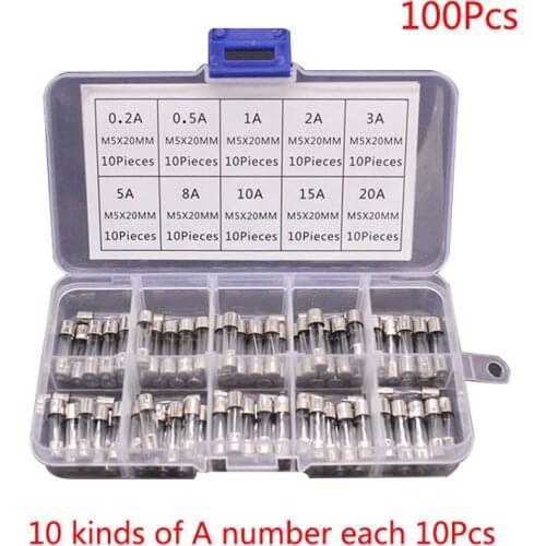 100Pcs/Box Fast Blow Glass Fuse Assorted Mixed Kit 10 Values Amp 250V 0.2-20A Quick Blow Tube Fuses for Car Truck wholesale