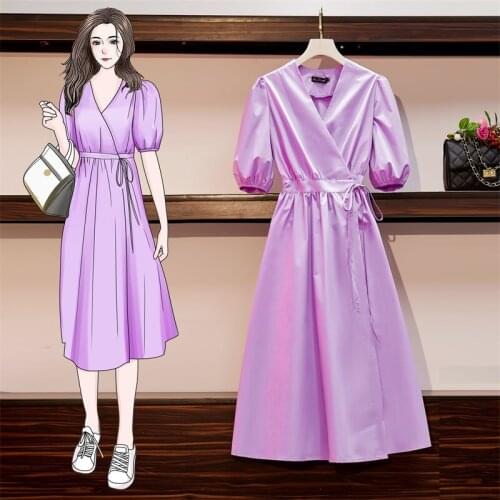 2021 New Ladies Spring Elegant Retro Red & Purple Dress Knitted Fashion Short Sleeve V-Neck Dresses M-4XL