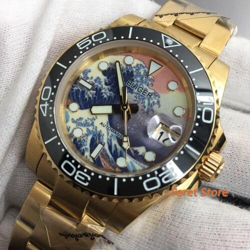Bliger New 40mm Sterile Mens Watches Super Luminous Dial black bezel Gold Case Sapphire Glass Japan NH35A Automatic Movement