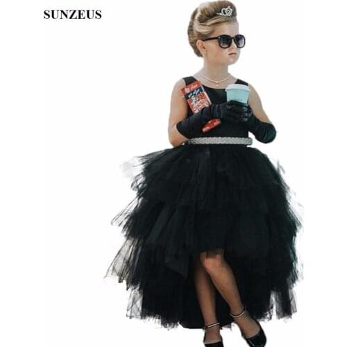 Black High Low Tulle Girls Dress For Party And Wedding Short Front Long Back Flower Girl Dress With Belt FLG012