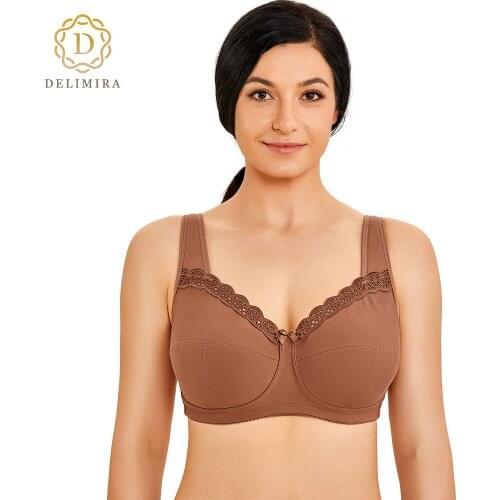 Delimira Womens Full Coverage Lace Trim Non-wired Support Cotton Bra Plus Size