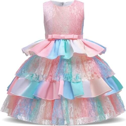 2021 Summer Kids Colorful Dresses For Girls Children Costumes Girl Rainbow Party Tutu Dress Lace Wedding Princess Dress Birthday