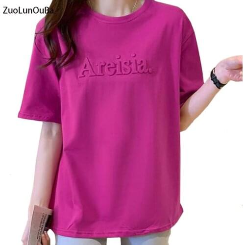 ZuoLunOuBa Summer New Style Wild Cotton Women T Shirt Loose Three-dimensional Pattern Letter Areisia Fuchsia Tees Tops Female