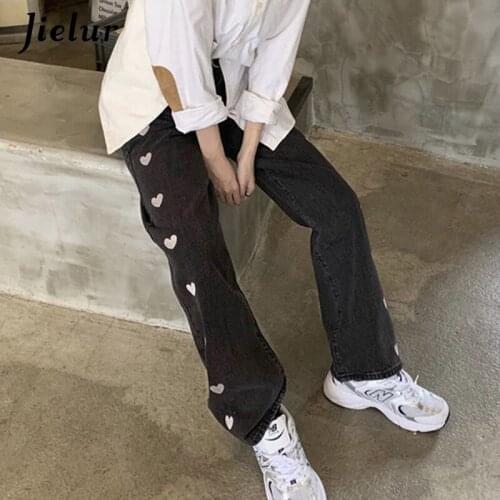 Jielur 2021 New Love Jeans Chic Vintage Wide Leg Trousers for Women Summer Embroidery High Waist Harajuku Cool Jeans for Girls