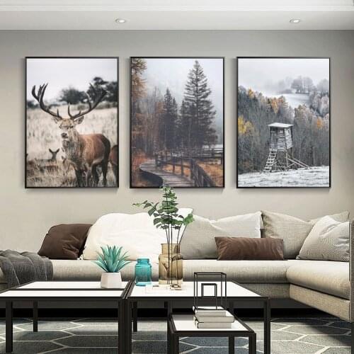 Nordic Landscape Canvas Poster Wall Forest Deer Print Painting Scandinavian Decoration Picture for Living Room Home Decor