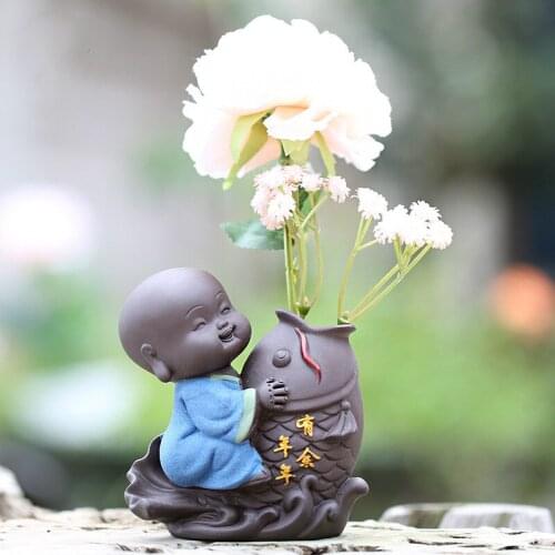 Pottery Small Monk Hydroponics Plant Flower Pot Creative Tea Pet Home Tabletop Decoration Vase With Hole