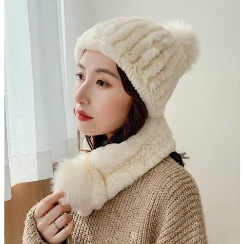 Lantafe Hat And Scarf Fur Hat Kit Hat Scarf Rex Rabbit Fur Winter Accessories Warm Woven Hat Knit Cap With Fox Fur Ball