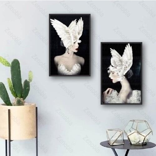 Lady Face and Wearing Feathers Home Decoration Wall Poster Art Canvas Painting for Living Room and Bedroom Frameless Style