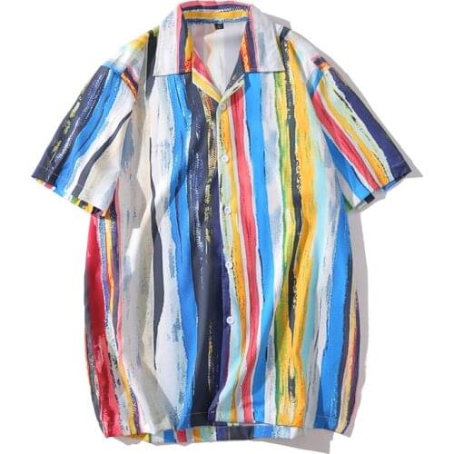 Summer Hawaiian Men Shirts Short Sleeve Shirt Men Colorful Striped Print Blouse Men Casual Men Button Up Shirt Camisas De Hombre