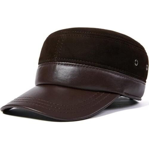 Adjustable size men flat caps winter mens genuine leather cap natural sheepskin leather army Military Hats new trend brand caps