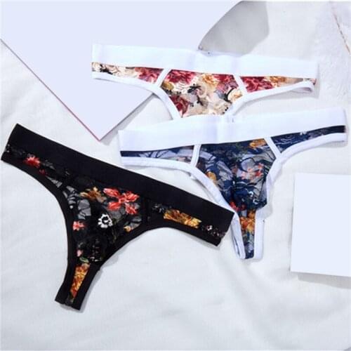 Men Underwear Sexy Lace Print Men Briefs Men See Through Tanga Hombre G-String Transparent Lingerie New Low-Rise Thong For Male