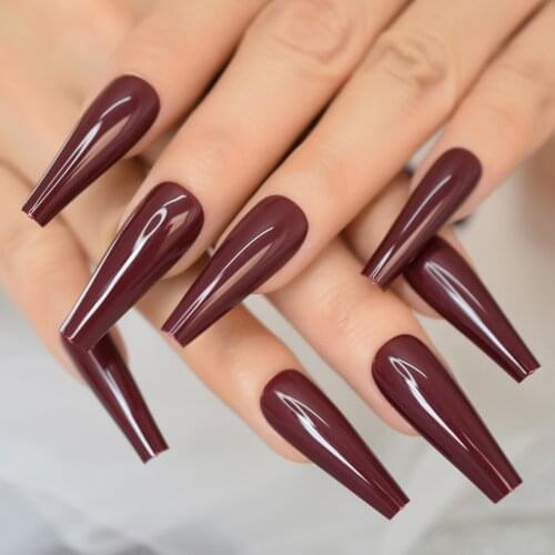 24pcs Ballerina Fake Nails Burgundy Wine Red Pure Color Long Coffin Glossy Press on Nail False Tips Manicure for Women Girls