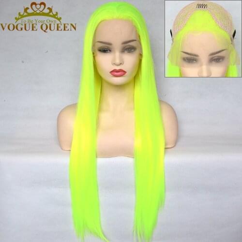 Vogue Queen Bright Yellow Green Synthetic Lace Front Hair Long Silky Straight Heat Resistant Fiber Cosplay Wigs For Women