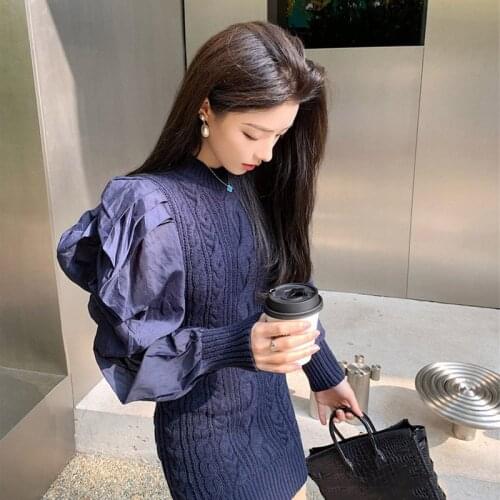 Vintage Autumn Women Sweater Dress Knitted Patchwork Party Mini Dresses Lantern Long Sleeve Elegant Korean Robe Femme Vestidos