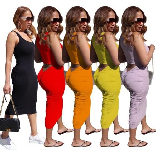 Sexy Pleated Tank Long Dress Women Sleeveless Bodycon Maxi Dresses Hollow out Waist Summer Sundresses Streetwear 2021 Clothes