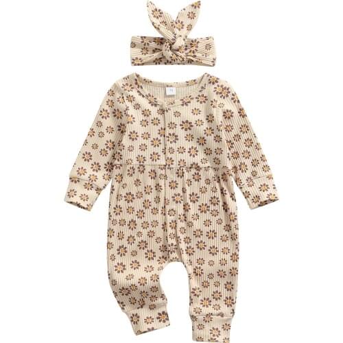 2 Pcs Newborn Casual Outfits, Toddler Flower Print Long Sleeve Round Neck Jumpsuit + Bowknot Headband