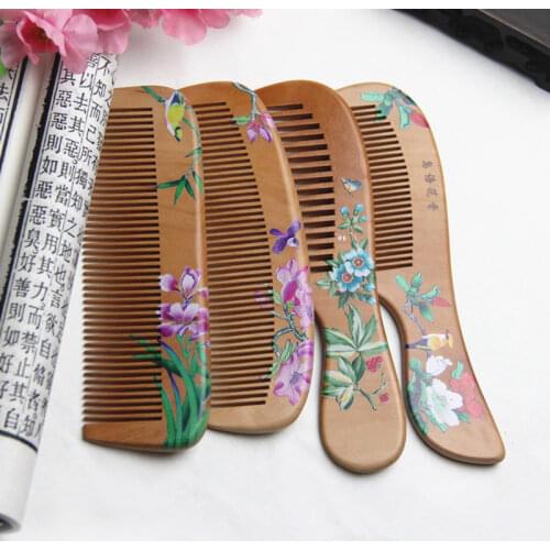 1Pc Peach Wood Comb Flower Painted Anti-Static Natural Head Massage Comb Handmade Wooden Hair Comb Hair Styling Tools for Gift