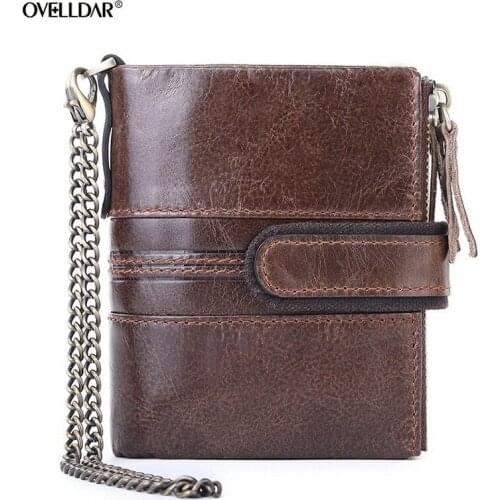 Rfid Mens Short Genuine Leather Wallet Multifunctional Buckle Double Zipper Retro Crazy Horse Leather Wallet Casual Coin Purse