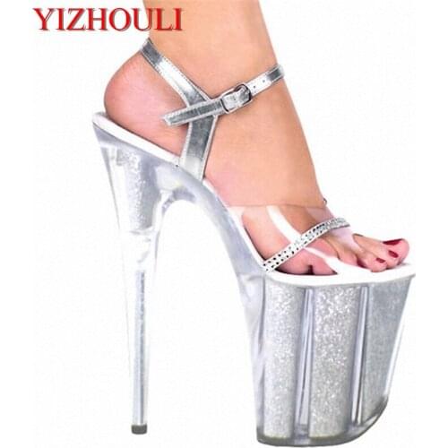 New arrival 20cm sexy ultra high heels sandals transparent crystal platform shoes paillette 8 inch Crystal shoes